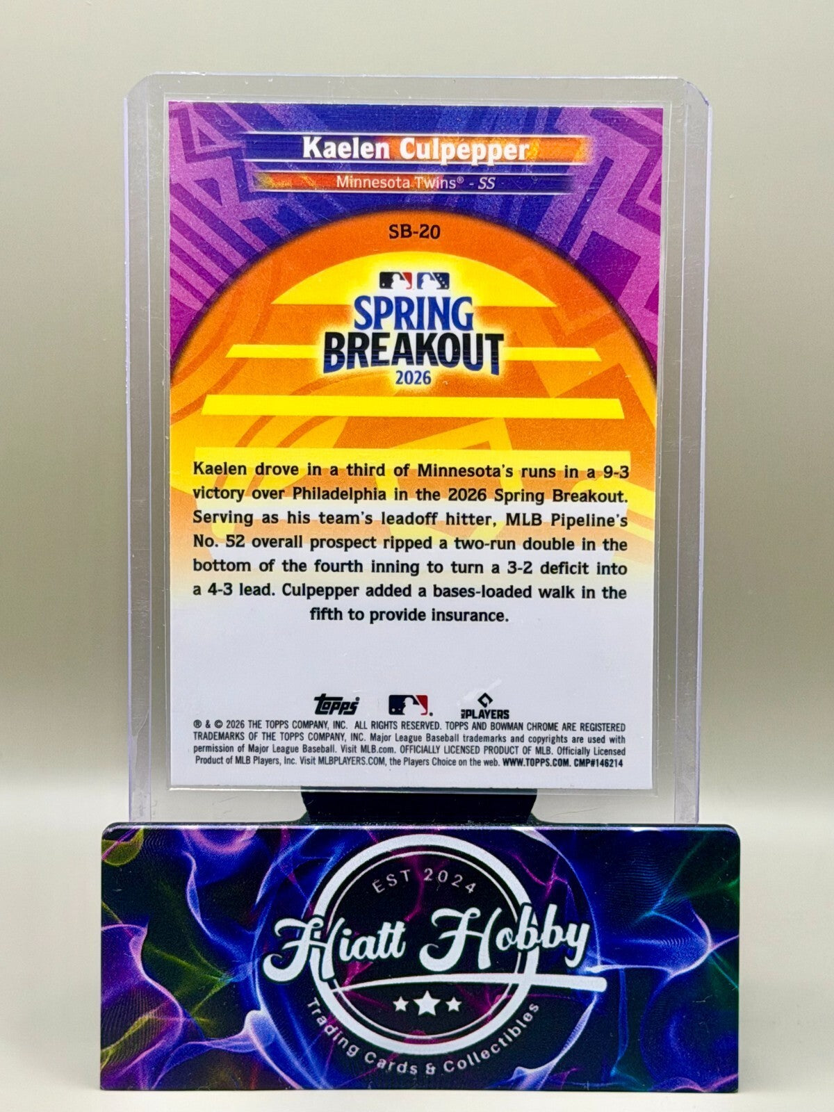 2026 Bowman Chrome - #SB-20 Kaelen Culpepper - Spring Breakout - Mojo (RC)