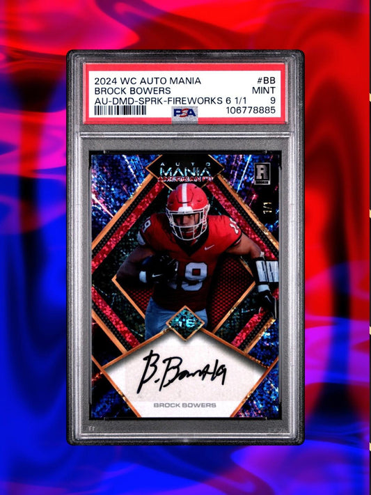 2024 Wild Card Auto Mania - Brock Bowers - Sparkle Fireworks Auto 1/1 - PSA 9