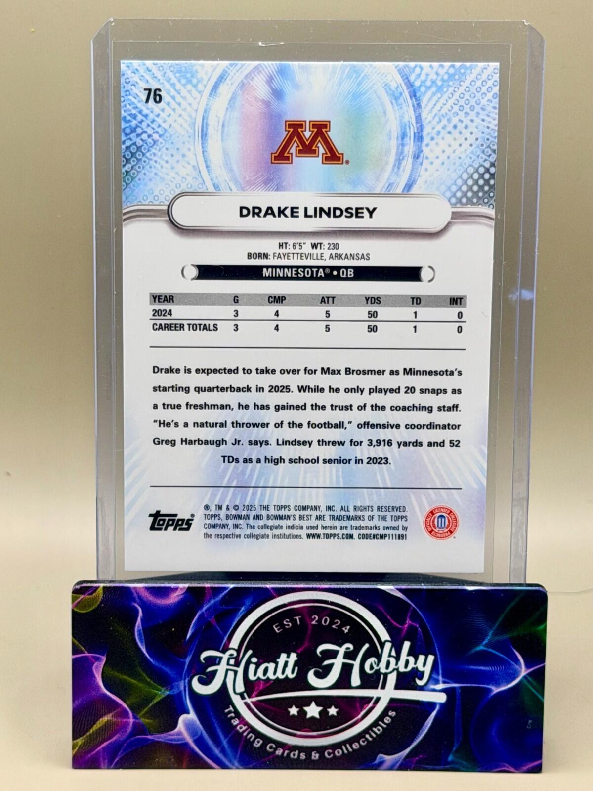 2025 Bowman's Best U - #76 Drake Lindsey - Purple Lava /75