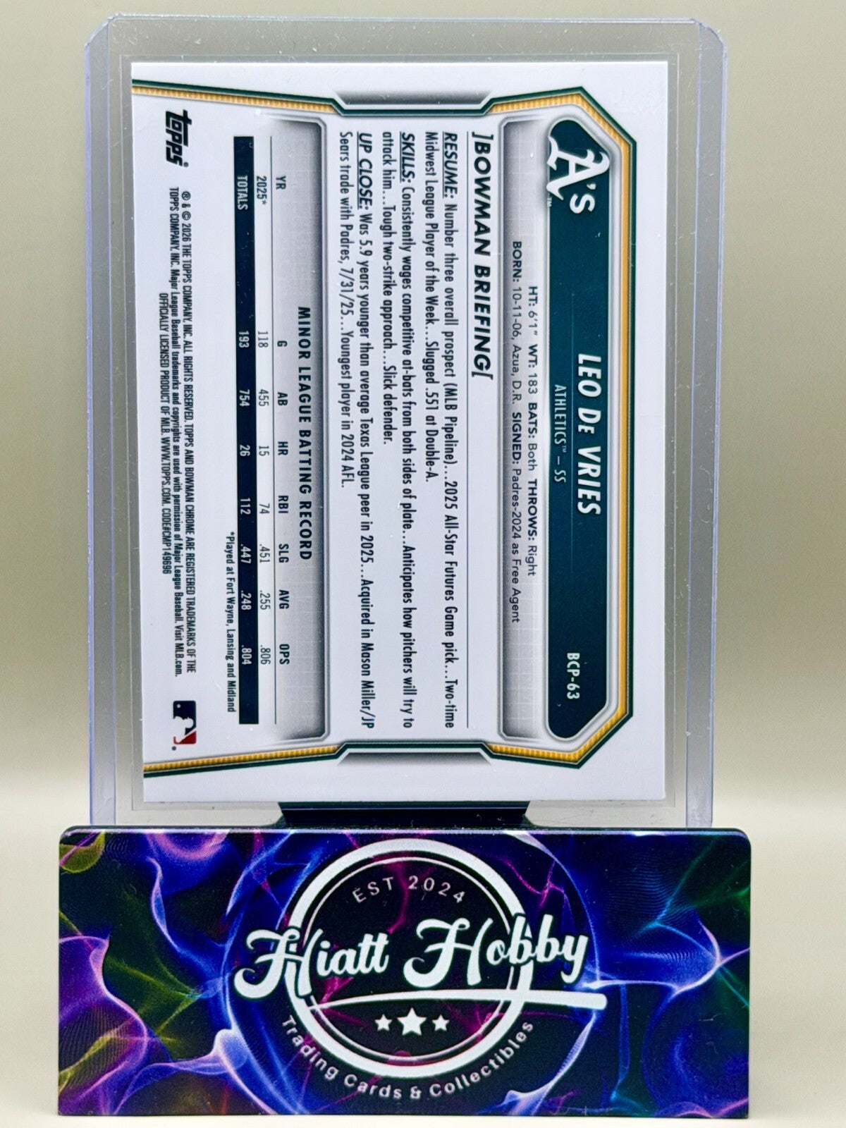 2026 Bowman Chrome - #BCP-63 Leo De Vries - Sky Blue Mojo /499 (RC)