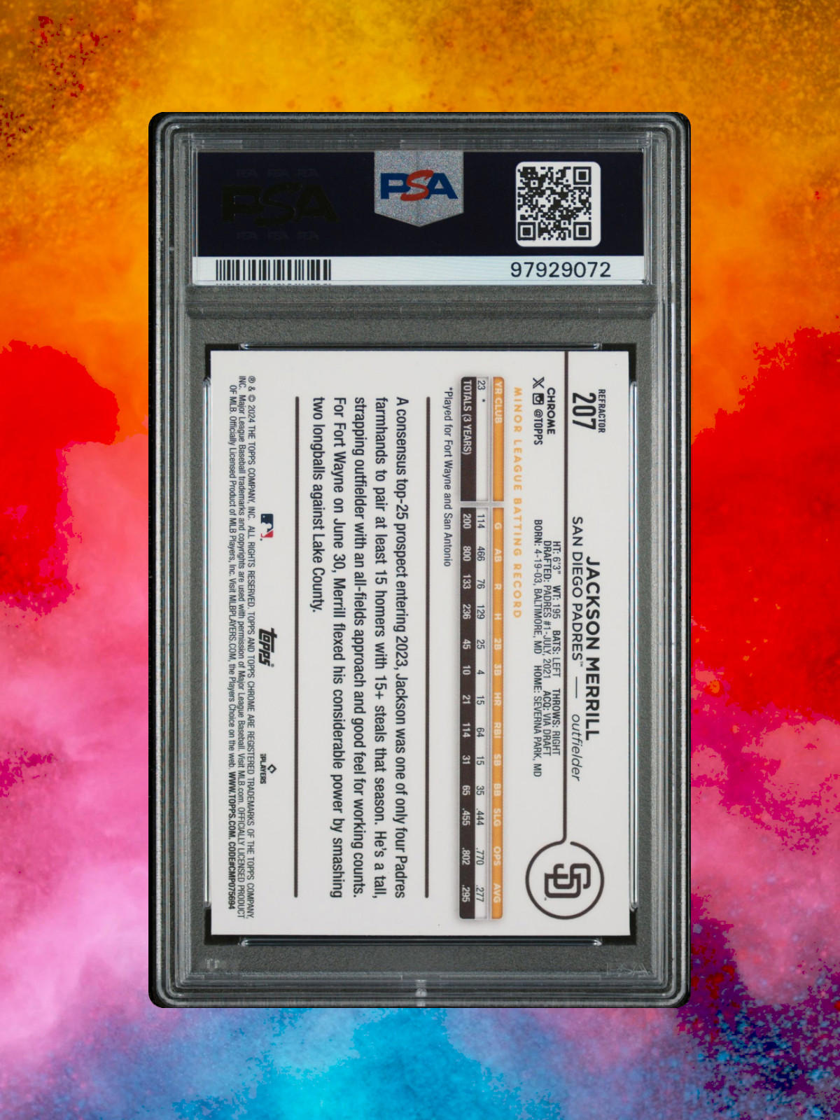 2024 Topps Chrome - #207 Jackson Merrill (RC) - Refractor - PSA 10