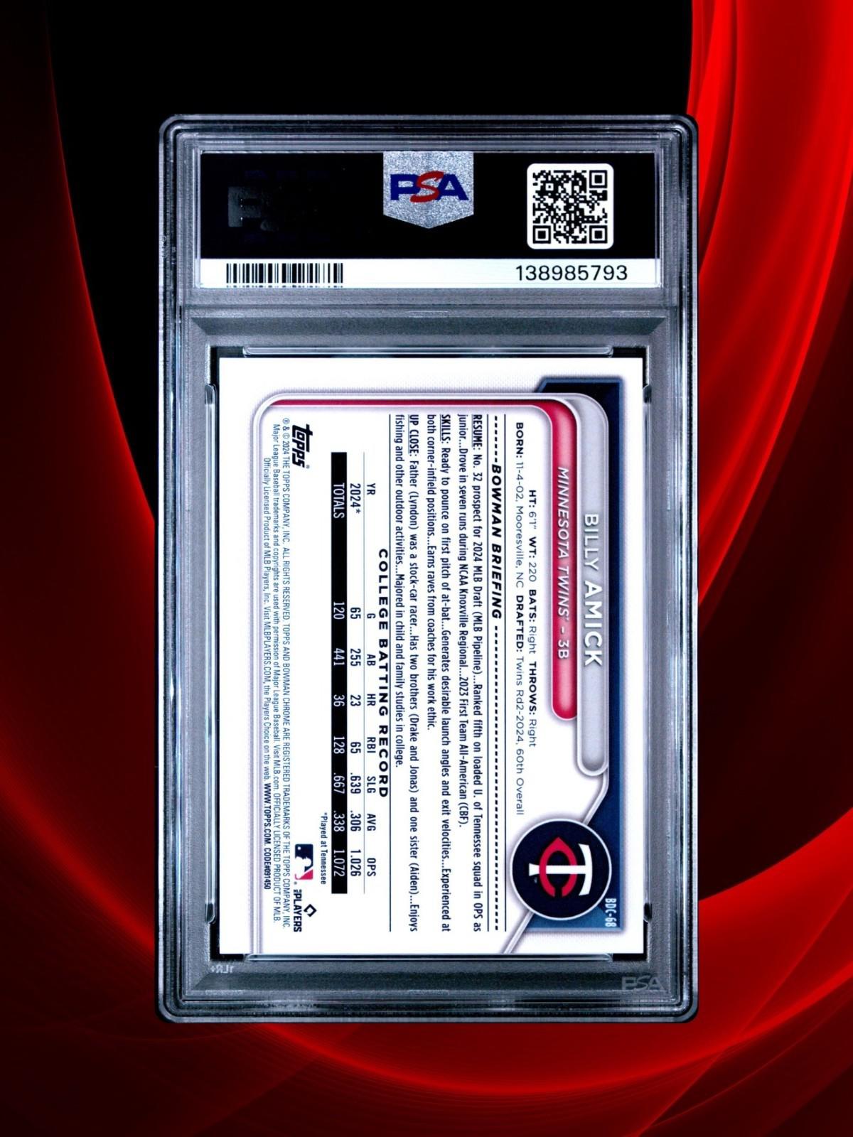 2024 Bowman Draft Chrome - Billy Amick #BDC68 - Black /10 - PSA 9