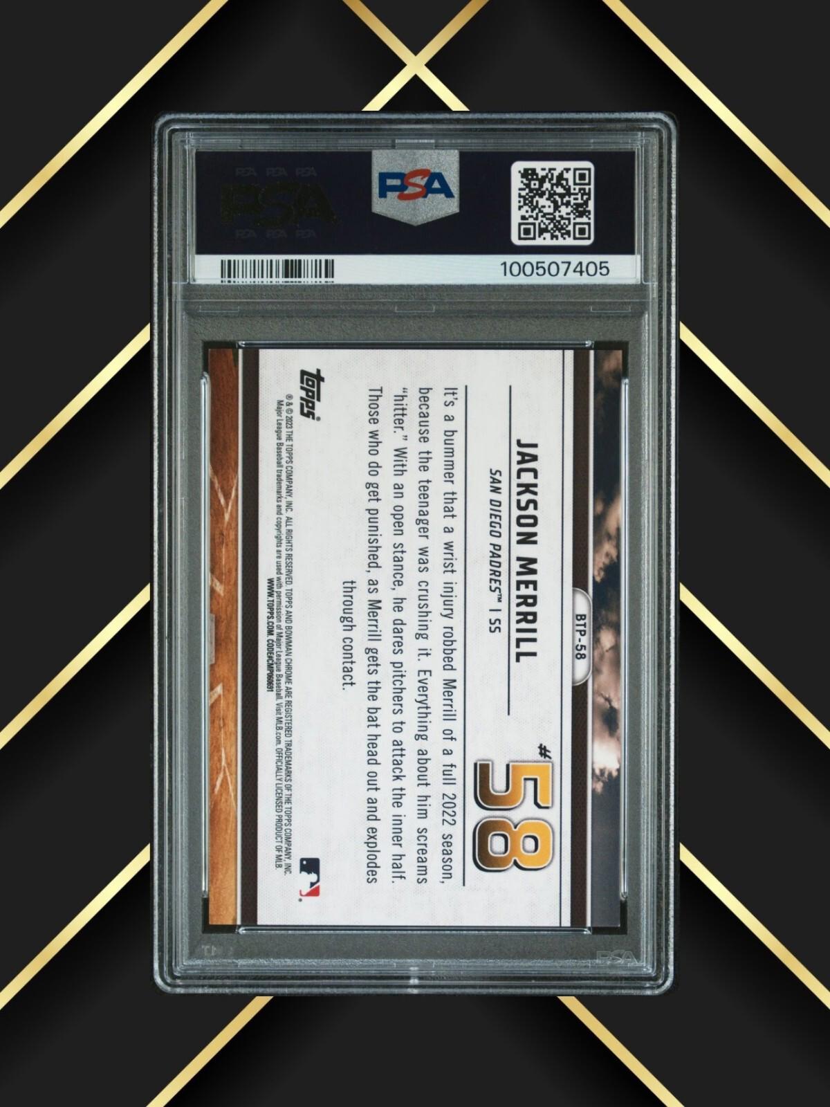 2023 Bowman - Jackson Merrill #BTP-58 -  Bowman Top 100 - Atomic /150 - PSA 9