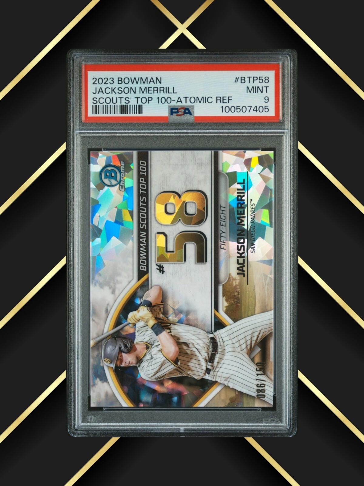2023 Bowman - Jackson Merrill #BTP-58 -  Bowman Top 100 - Atomic /150 - PSA 9