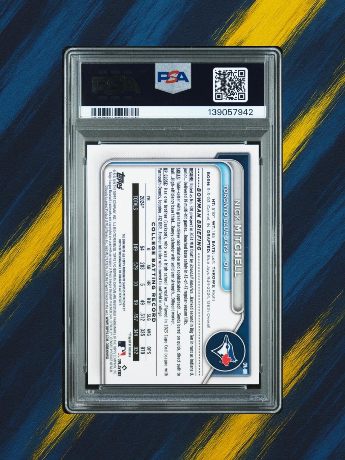 2024 Bowman Draft Chrome #CPA-NMI Nick Mitchell - Yellow Auto /75 - PSA 9