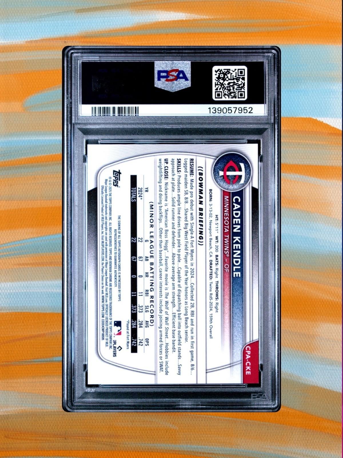 2025 Bowman Chrome #CPA-CKE Caden Kendle - Orange Auto /25 - PSA 10