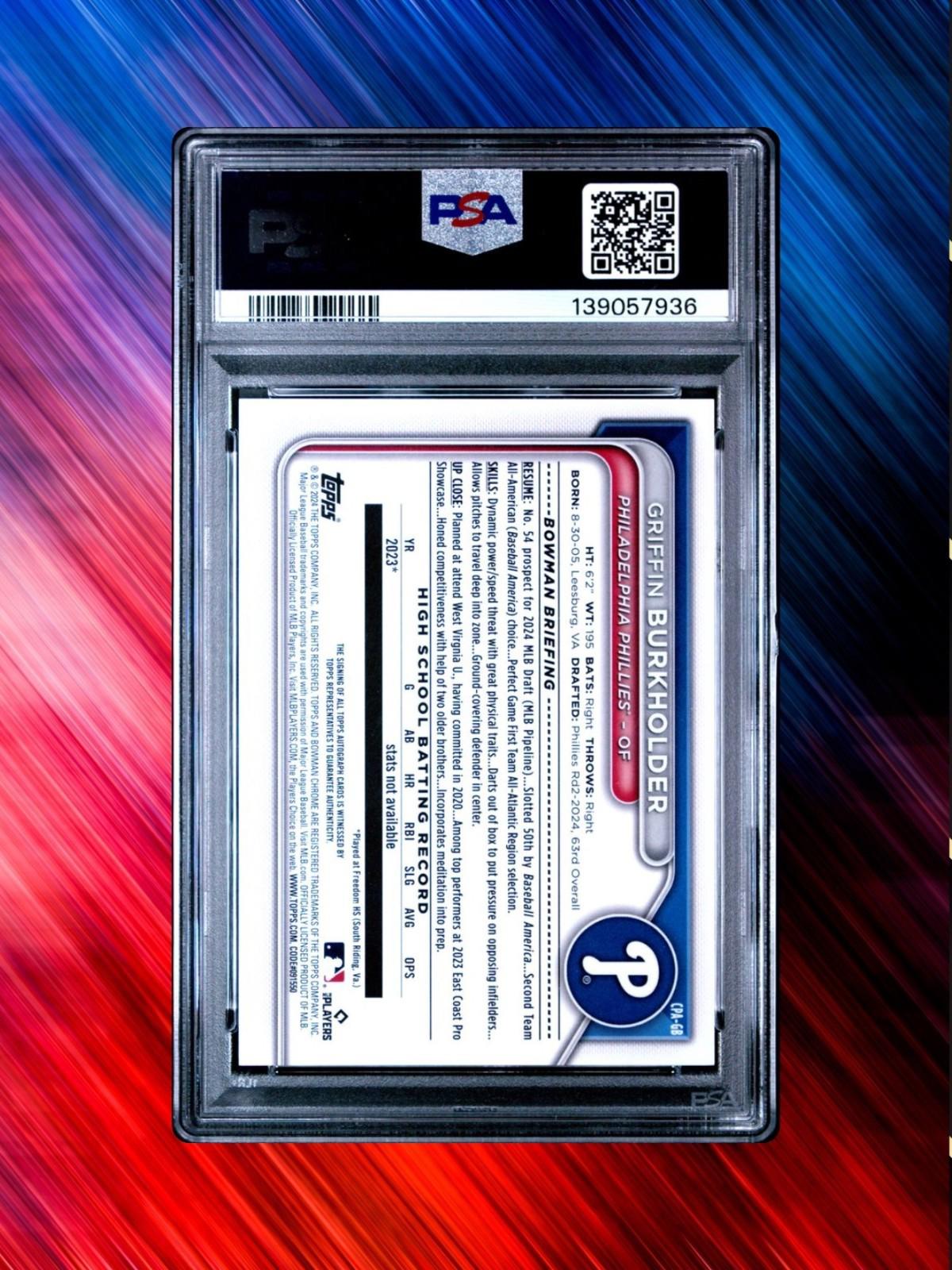2024 Bowman Draft Sapphire #CPA-GB Griffin Burkholder -  Auto /199 - PSA 10