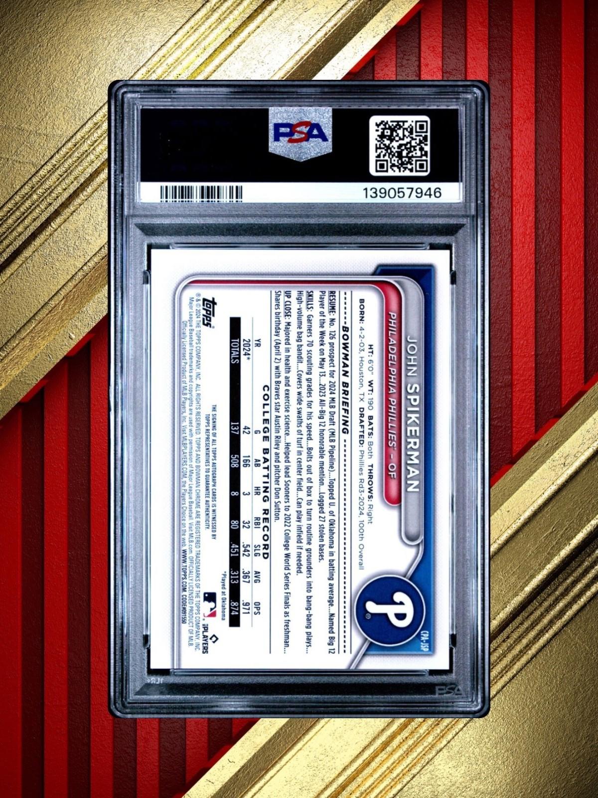 2024 Bowman Draft Chrome #CPA-JSP John Spikerman Gold Shimmer Auto /50 - PSA 10
